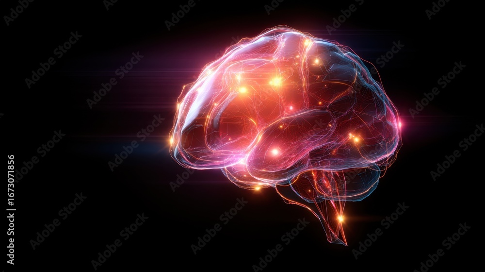 Poster abstract digital brain rendering with colorful lights and glowing effects for science and technology