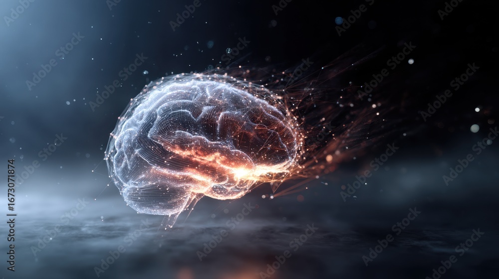 Poster abstract representation of a human brain with glowing particles and light trails in a dark surreal e
