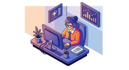 Isometric illustration of a woman with headphones working at a computer desk with multiple monitors showing data charts and graphs.