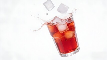 Iced Cola Splash with Ice Cubes in Glass on White Background
