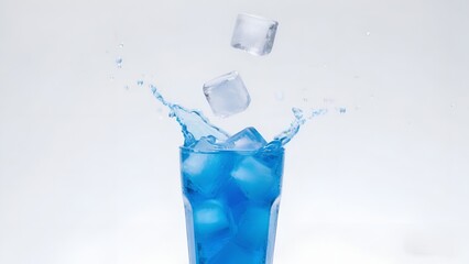 Blue Cold Drink with Ice Cubes Splashing in Glass on White Background