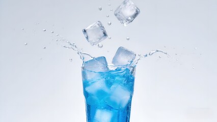 Blue Cold Drink with Ice Cubes Splashing in Glass on White Background