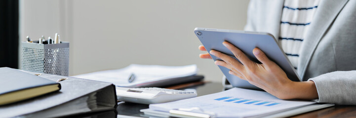 Woman thinking creative ideas content on tablet