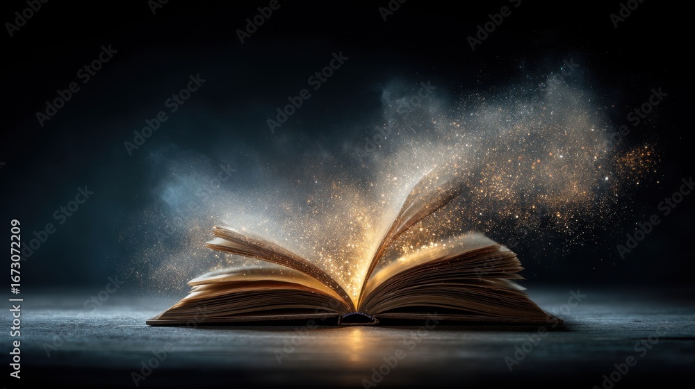 Poster enchanted open book with magical sparkles and dust in a mystical dark background