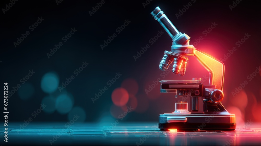 Poster innovative laboratory microscope with bright lighting and bokeh background for scientific exploratio