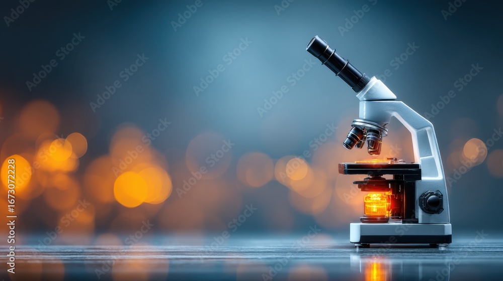 Poster close-up shot of a laboratory microscope on a blurred bokeh background with soft warm lighting