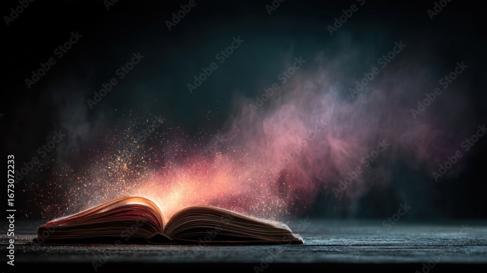 Poster enchanted open book with magical dust creating a dreamlike atmosphere in a dark setting