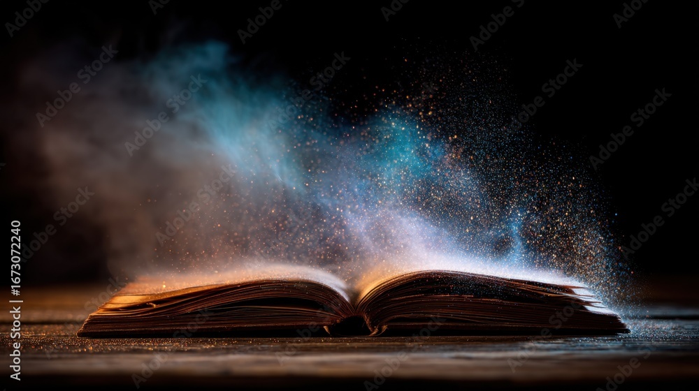 Poster enchanted open book with colorful dust particles floating in dark space creating a mystical and drea