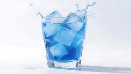 Blue Cold Drink with Ice Cubes Splashing in Glass on White Background