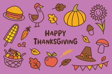 Vibrant Happy Thanksgiving illustration with festive holiday icons and cheerful design elements