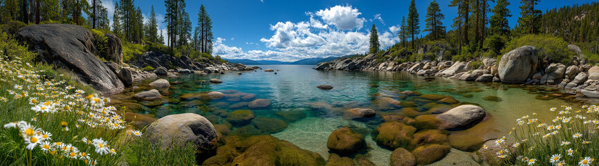 Panoramic photograph of Lake Tahoe, clear water, sea, water, beach.