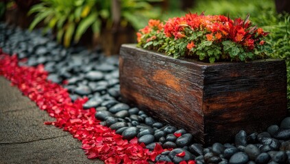 Garden walkway with wooden planter and red petals