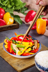 Colorful Bell Pepper Stir Fry with Chopsticks - Traditional Chinese Shandong Cuisine