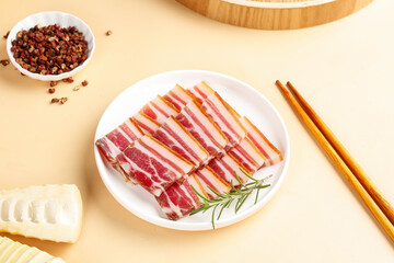 Old Style Szechuan Woodsmoked Bacon Pork Strips with Peppercorns and Chopsticks - Local Chinese...