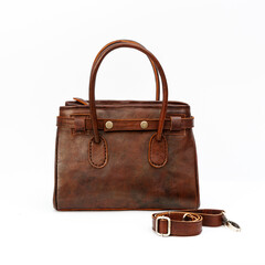 Beautiful brown feminine leather bag isolated on white background. Perfect for leather product catalog design.