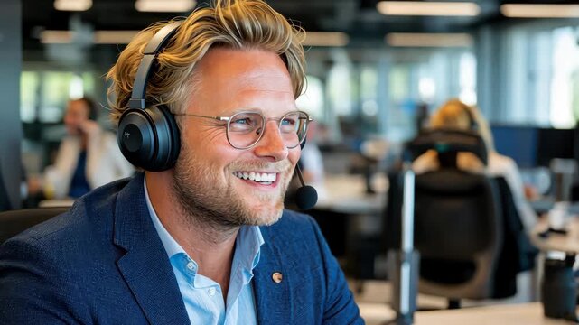 Support Representative: Focused and friendly support representative wearing a headset, engaged in a professional conversation, radiating approachability and commitment, at work.