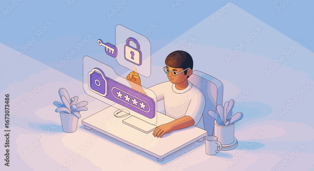 Aufkleber a person at a desk uses a futuristic interface to set a secure password, illustrating concepts of cy
