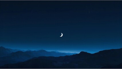Crescent Moon Over Mountain Silhouettes – Minimalist Night Sky Landscape with Deep Blue Horizon