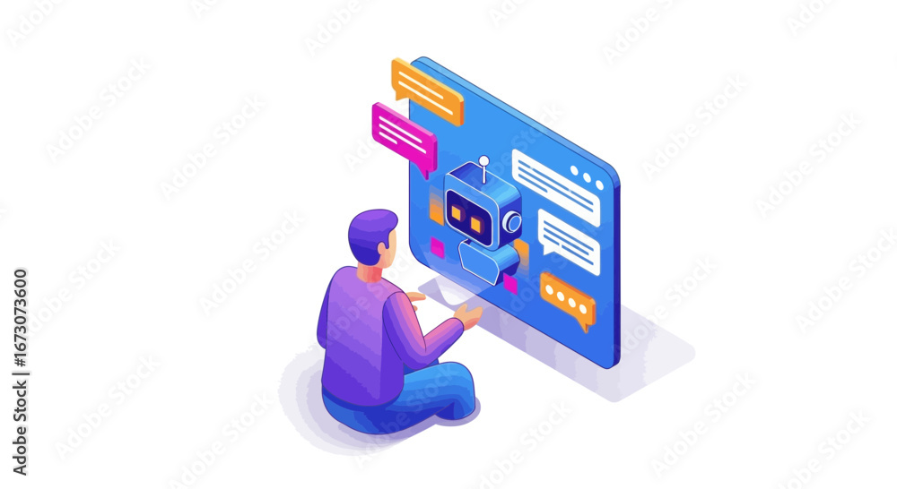 Poster a person interacts with an artificial intelligence chatbot on a digital interface, illustrating mode