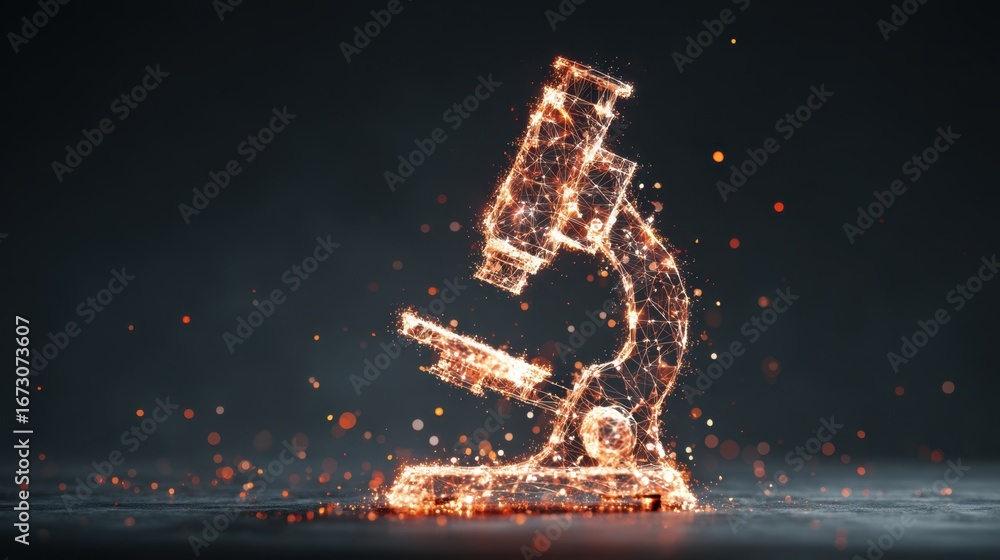 Poster sparkling microscope illustration representing science and research with glowing particles in a dark