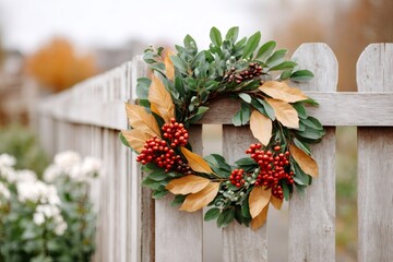 Naklejka na ściany i meble Beautiful autumnal wreath hanging on a wooden fence