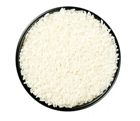 White Rice in Black Bowl Isolated on White Background