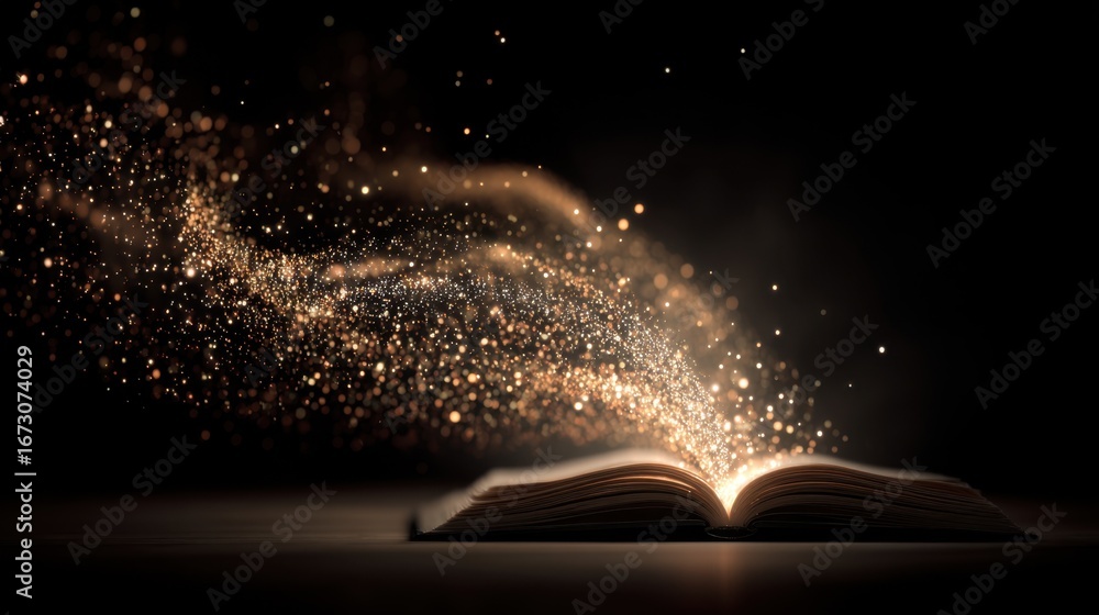 Poster enchanted open book with magical light and sparkles creating a mystical atmosphere in dark backgroun