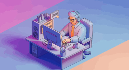 Isometric illustration of a man with headphones working on a powerful desktop computer at his desk.