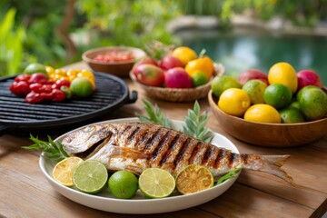 Grilled fish with lemon and lime slices, tropical fruits and vegetables by the pool