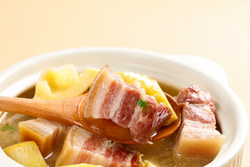 Stewed Pork Belly with Fresh Bamboo Shoots in Bowl - Traditional Asian Cuisine