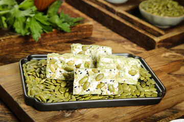 Chinese Sachima Pistachio Confection Sweet Treats on Wooden Board Traditional Asian Dessert