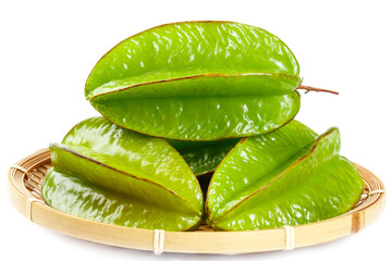 Fresh Star Fruit Slices from Zhangzhou Fujian in Bamboo Basket on White Background