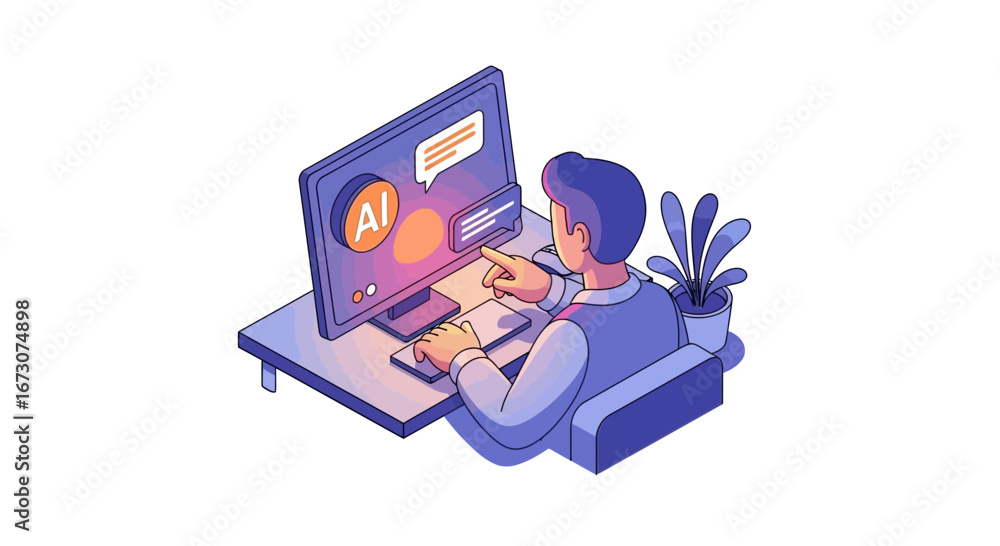 Aufkleber an illustration of a person sitting at a desk and interacting with an artificial intelligence progra
