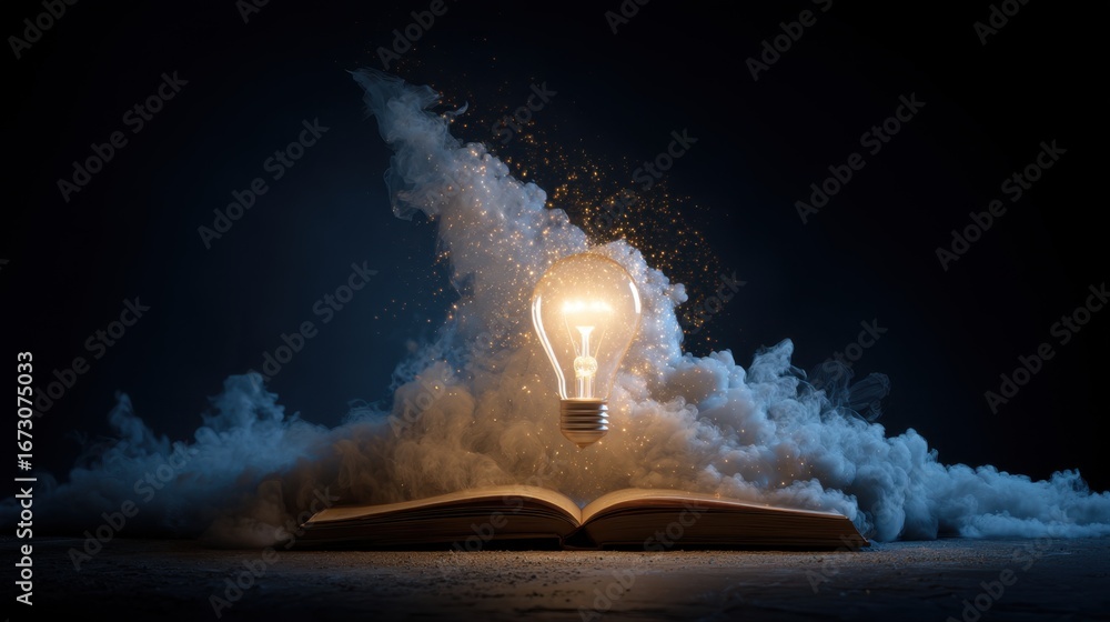 Poster light bulb emanating inspiration above open book surrounded by mystical smoke and twinkling dust par