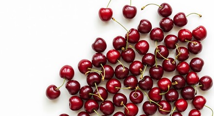 Freshly picked sour cherries arranged artistically on a light surface
