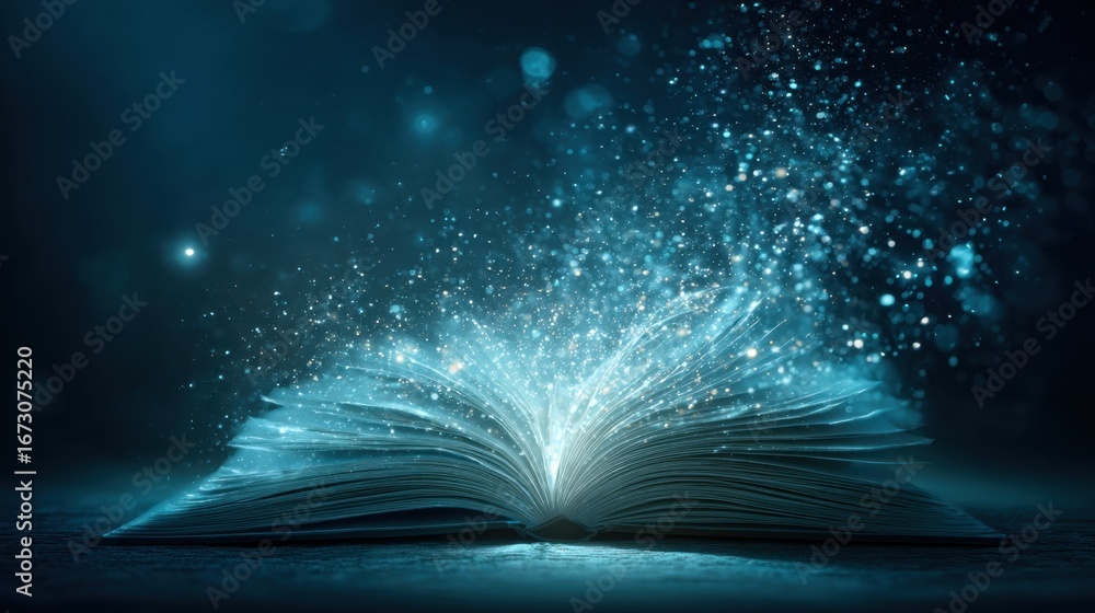 Poster magical open book with sparkling light effects radiating an enchanting atmosphere in dark background