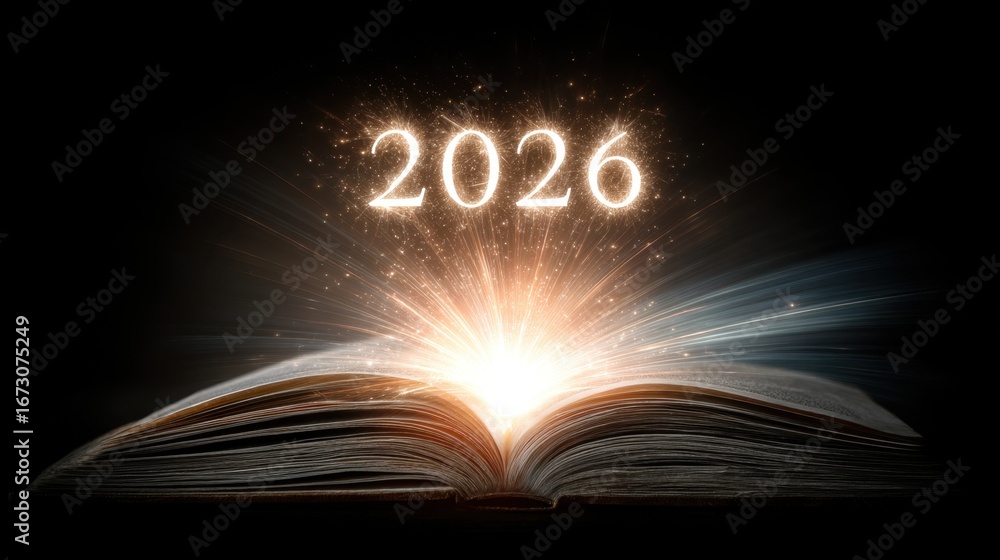 Poster illuminated open book revealing year 2026 with glowing effects and sparkling lights in a dark backgr