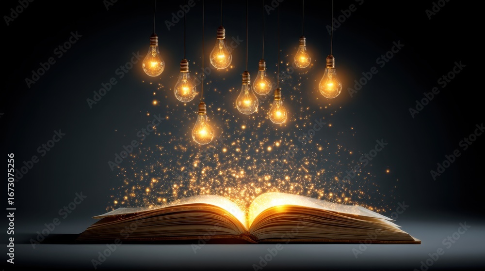 Poster open book surrounded by floating light bulbs and sparkles creating a mystical atmosphere of knowledg