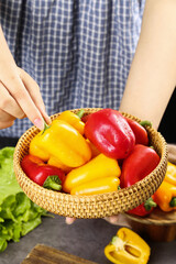Fresh Colorful Bell Peppers in Wicker Basket - Healthy Organic Vegetables for Cooking