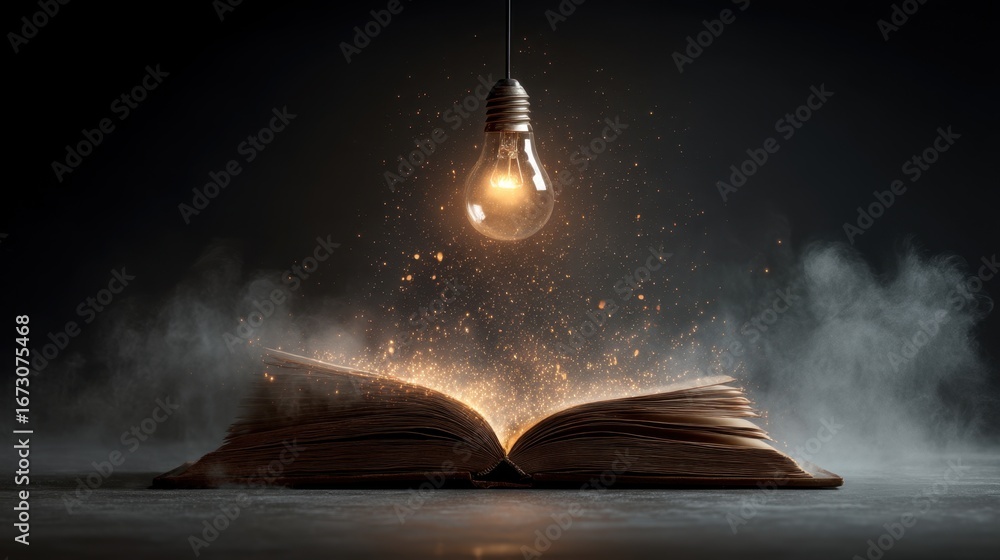 Poster illuminated knowledge: an open book surrounded by sparks and a hanging light bulb in a dark setting