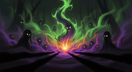 A gathering of shadowy figures with glowing eyes around a magical portal.