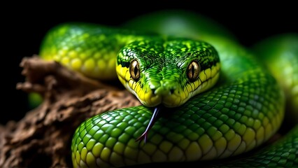 Fototapeta premium Close up shot of a striking green viper snake with golden eyes and textured scales, coiled on a branch against a dark background