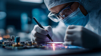 Technician in clean suit inspecting a circuit board with a pen under bright lighting