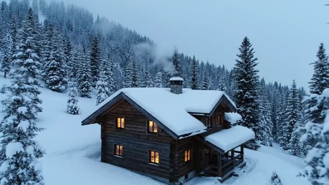 Winter Cabin in Snowy Mountains with Chimney Smoke