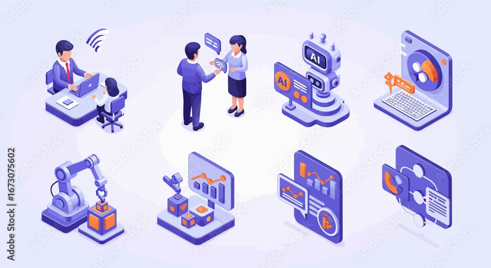 Poster a set of isometric illustrations depicting concepts of modern technology, business automation, robot