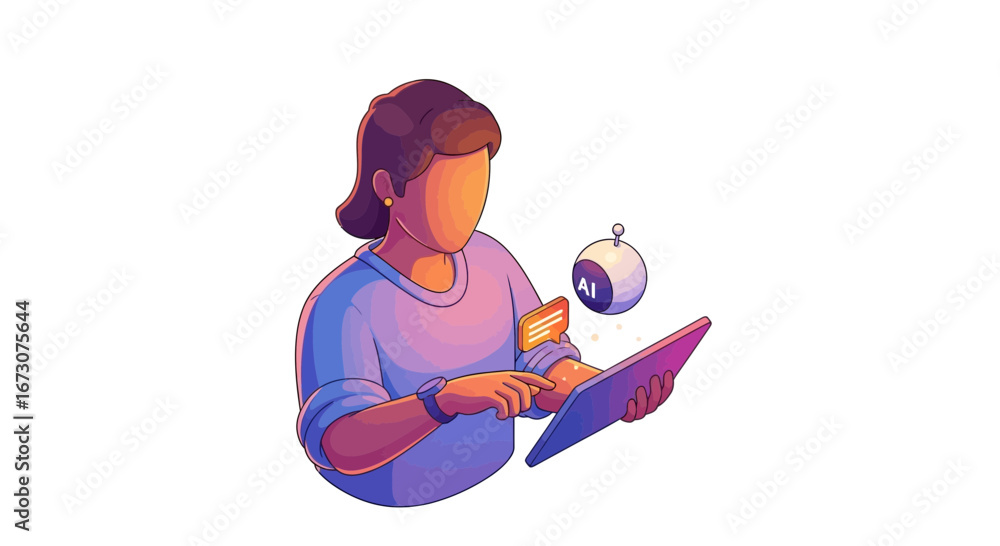 Aufkleber a modern illustration of a person using a tablet computer, assisted by a small floating ai robot com