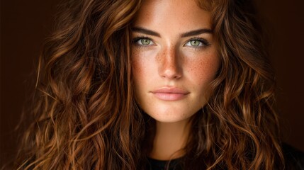 Naklejka premium Close-up Portrait of a Young Woman with Curly Brown Hair and Captivating Green Eyes Against a Warm Background