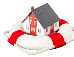  Conceptual Image of Home Safety with House Figurine in Life Preserver, Isolated PNG