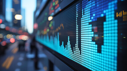 Financial data and stock market trends displayed on a large electronic board with a blurred city street background, representing global economic investment