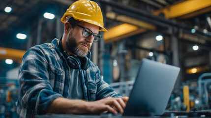 Man in hard hat and glasses using laptop in industrial setting with machinery visible